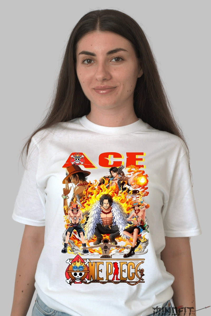 Tricou Anime One Piece - Ace Comandantul Focului dama alb