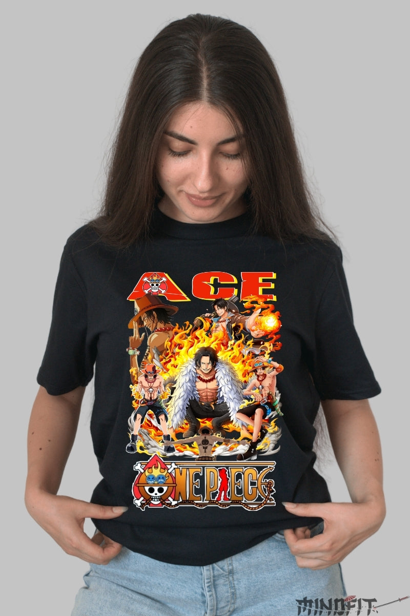 Tricou Anime One Piece - Ace Comandantul Focului dama negru