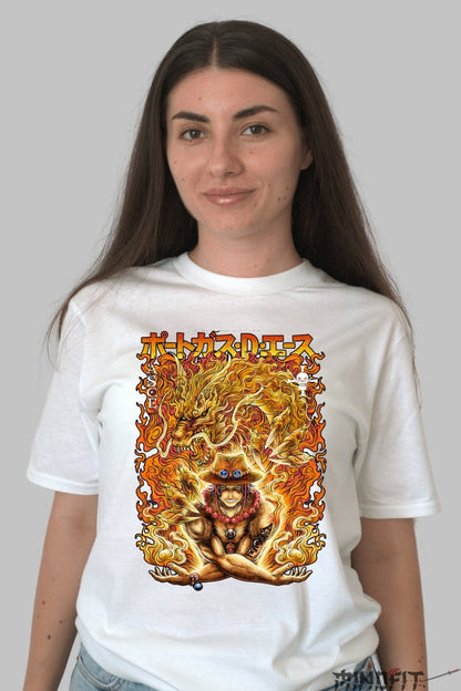 Tricou Anime One Piece - Ace Flacara Dragonului dama alb