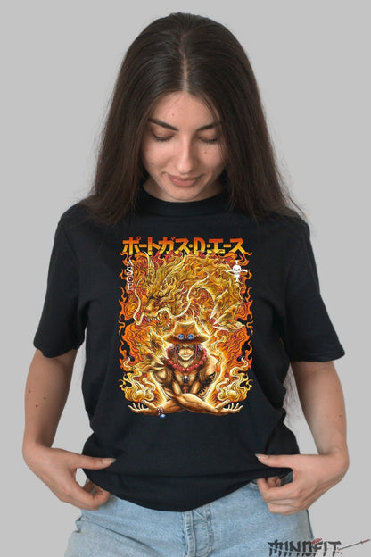 Tricou Anime One Piece - Ace Flacara Dragonului dama negru
