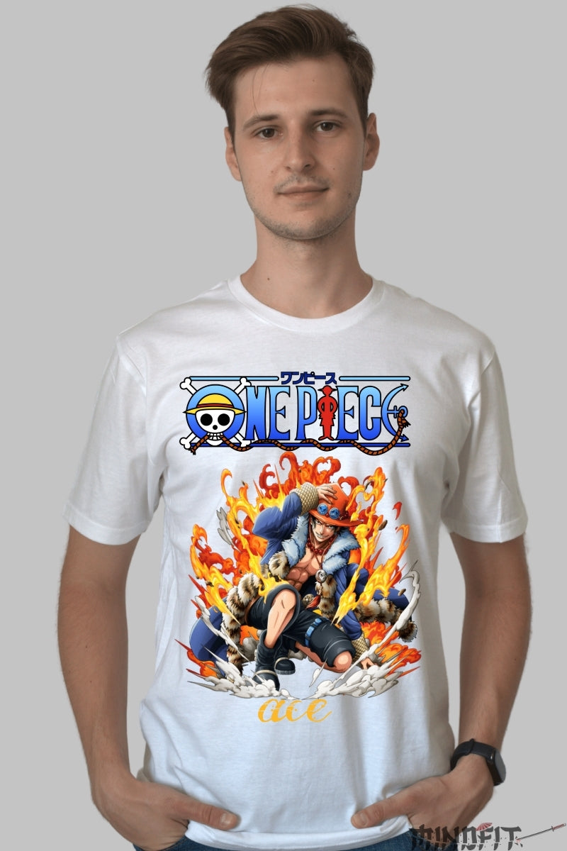 Tricou Anime One Piece - Ace Flacara Libertatii barbat alb