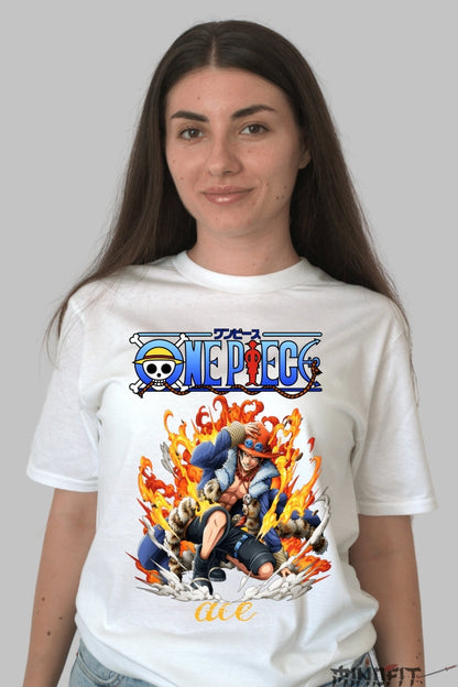Tricou Anime One Piece - Ace Flacara Libertatii dama alb
