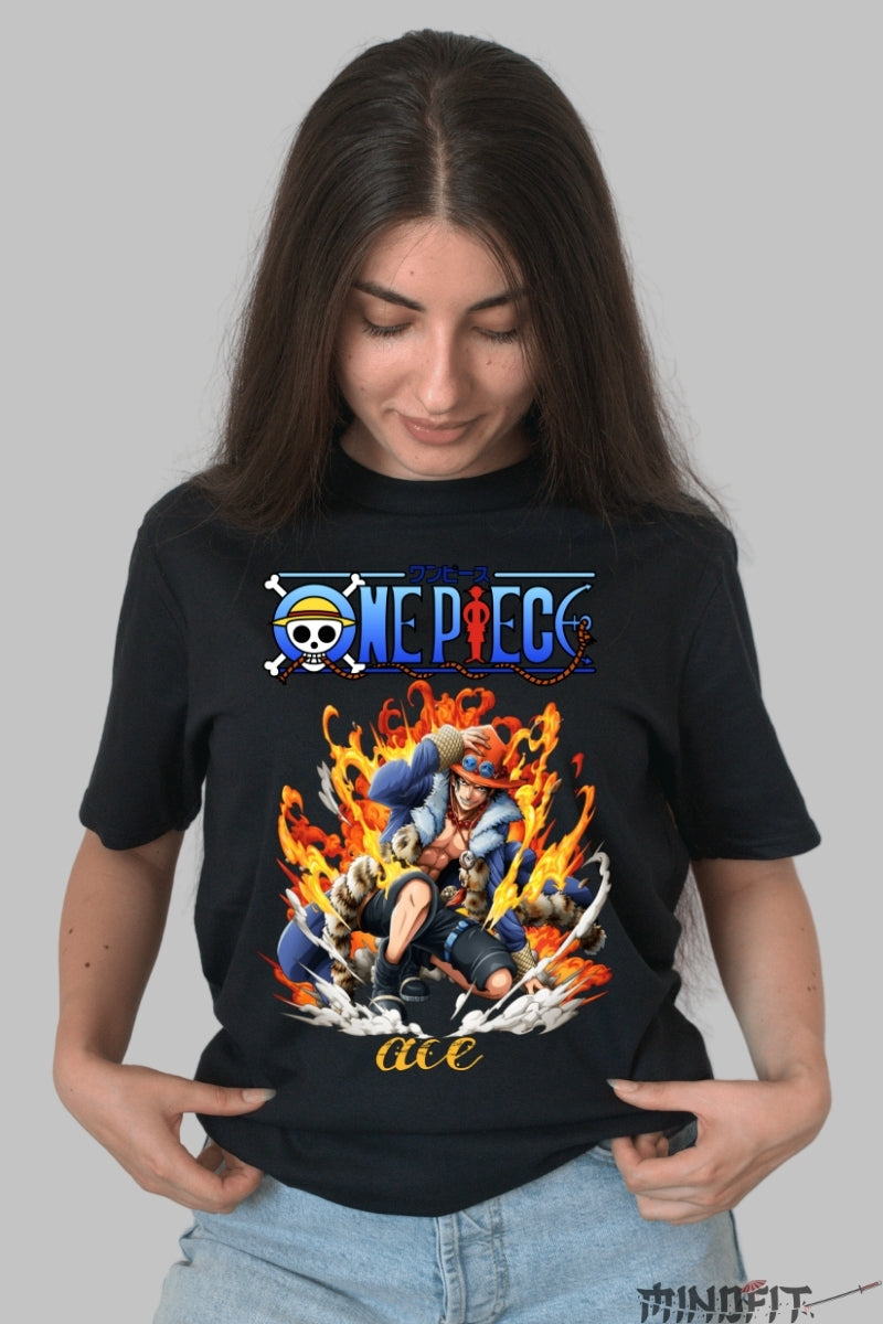 Tricou Anime One Piece - Ace Flacara Libertatii dama negru