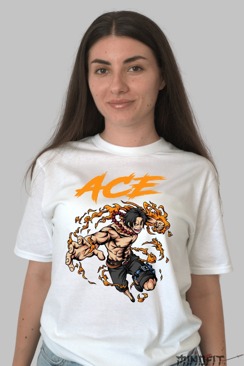 Tricou Anime One Piece - Ace Flacara Nefranta dama alb