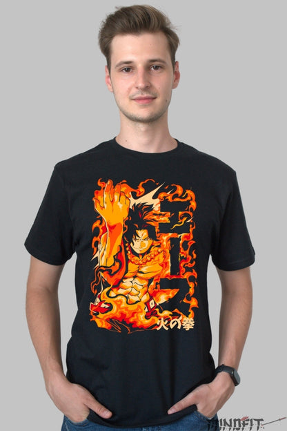 Tricou Anime One Piece - Ace Pumnul de Foc barbat negru