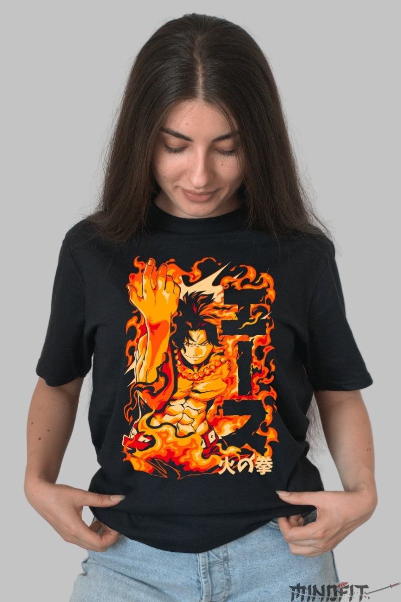 Tricou Anime One Piece - Ace Pumnul de Foc dama negru
