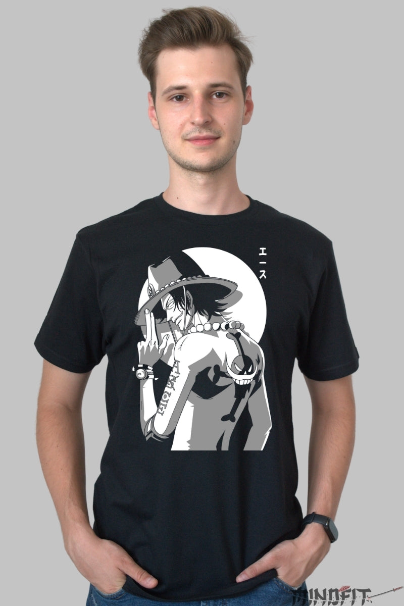 Tricou Anime One Piece - Ace Whitebeard's Fire Legacy barbat negru
