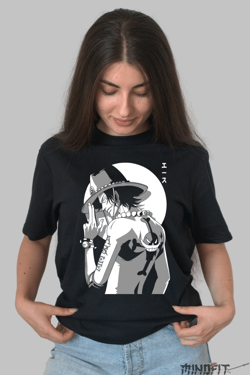 Tricou Anime One Piece - Ace Whitebeard's Fire Legacy dama negru