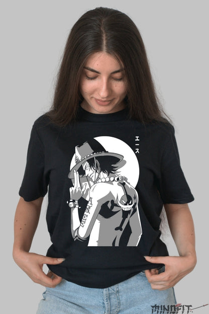 Tricou Anime One Piece - Ace Whitebeard's Fire Legacy dama negru