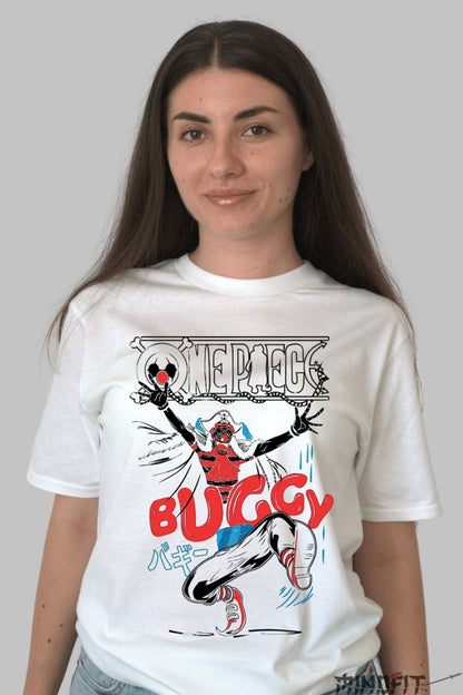 Tricou Anime One Piece - Buggy the Clown in Actiune dama alb
