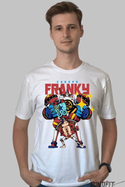 Tricou Anime One Piece - Cyborg Franky Super Power barbat alb