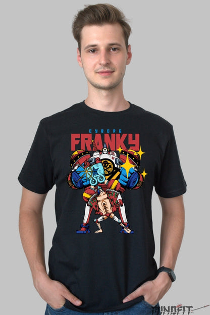 Tricou Anime One Piece - Cyborg Franky Super Power barbat negru
