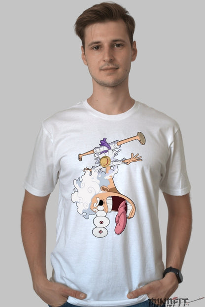 Tricou Anime One Piece - Luffy Gear 5 Cartoon Mode barbat alb
