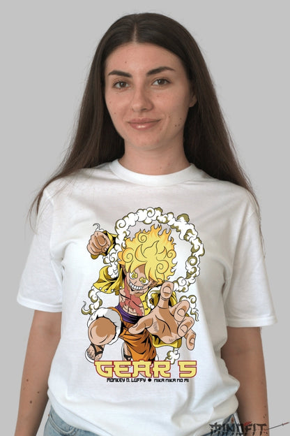 Tricou Anime One Piece - Luffy Gear 5 Explozie de Energie dama alb