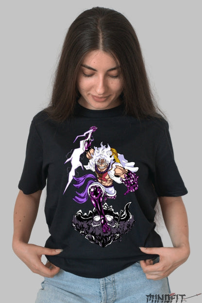 Tricou Anime One Piece - Luffy Gear 5 Thunder Strike dama negru