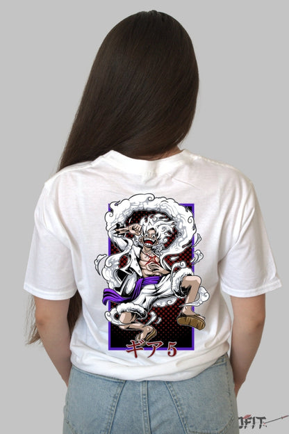 Tricou Anime One Piece - Luffy Gear 5 Toon Power dama alb