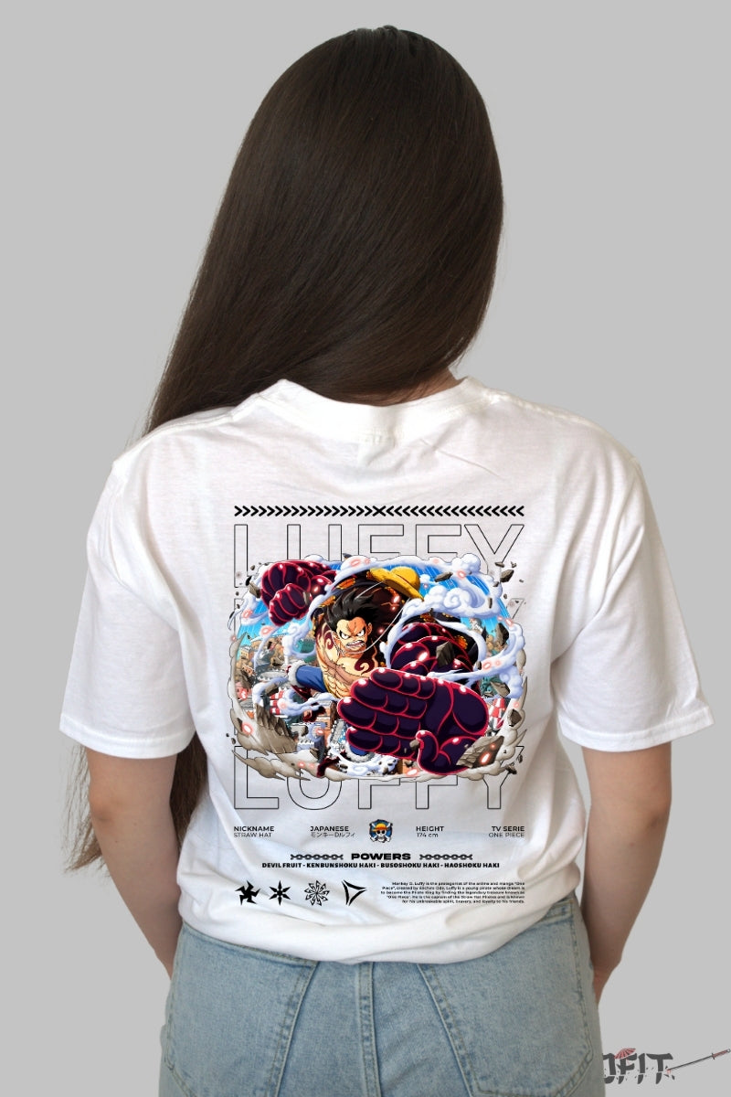 Tricou Anime One Piece - Luffy Gear Fourth Battle Mode dama alb