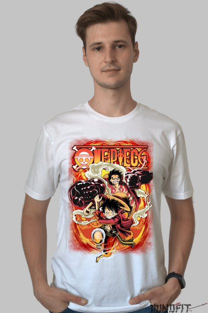 Tricou Anime One Piece - Luffy Gear Fourth Fire Rush barbat alb