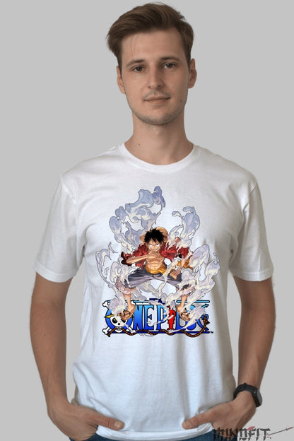 Tricou Anime One Piece - Luffy Gear Second Aura barbat alb