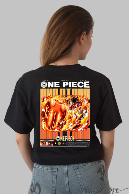 Tricou Anime One Piece - Luffy Gear Second Flame Fist dama negru