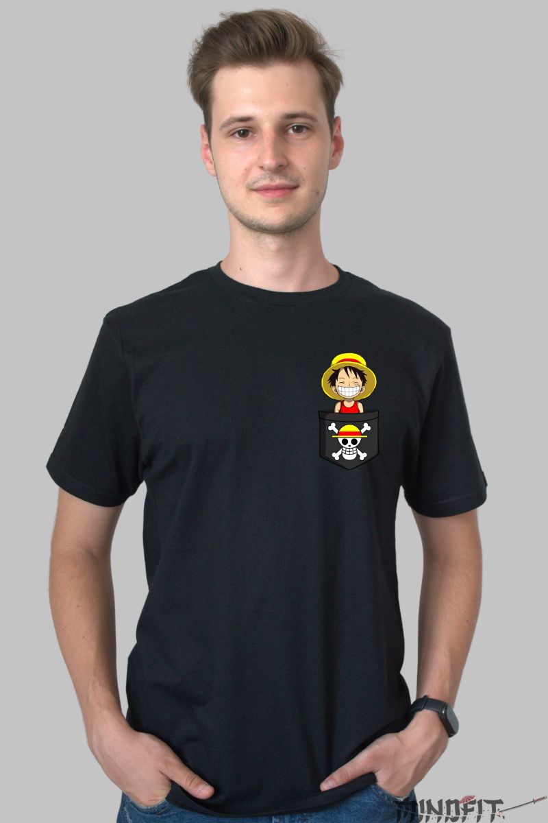 Tricou Anime One Piece Luffy in buzunar barbat negru