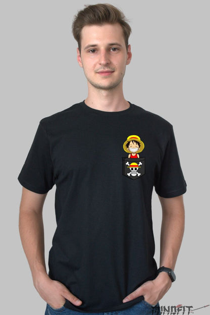 Tricou Anime One Piece Luffy in buzunar barbat negru