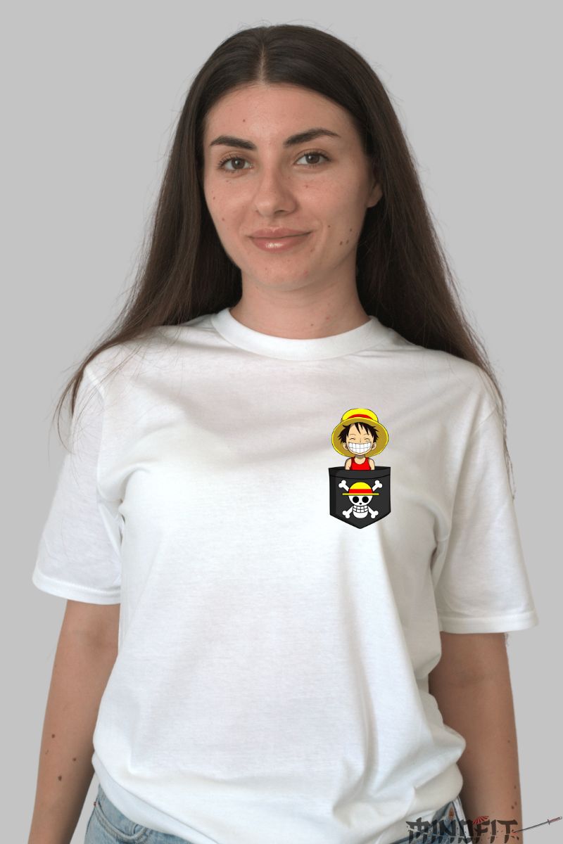 Tricou Anime One Piece Luffy in buzunar dama alb