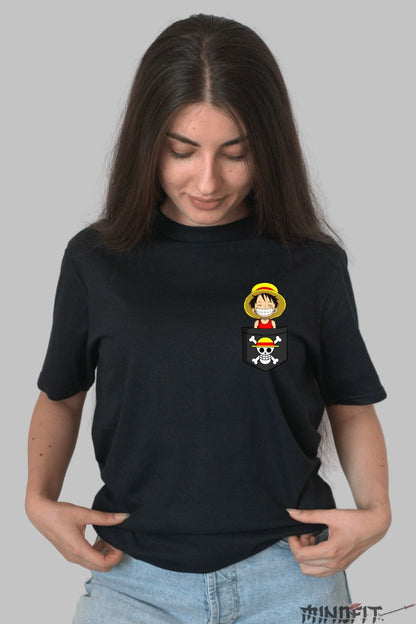 Tricou Anime One Piece Luffy in buzunar dama negru