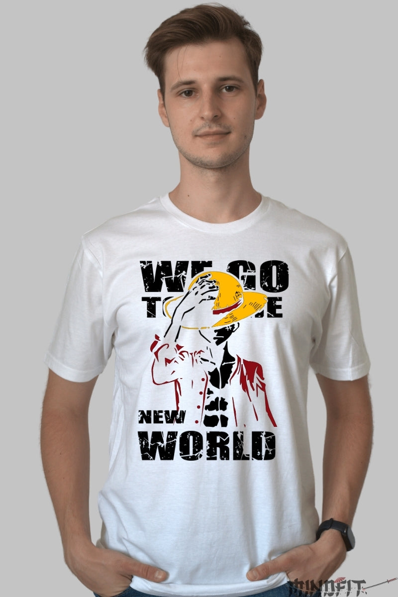 Tricou Anime One Piece - Luffy New World Journey barbat alb
