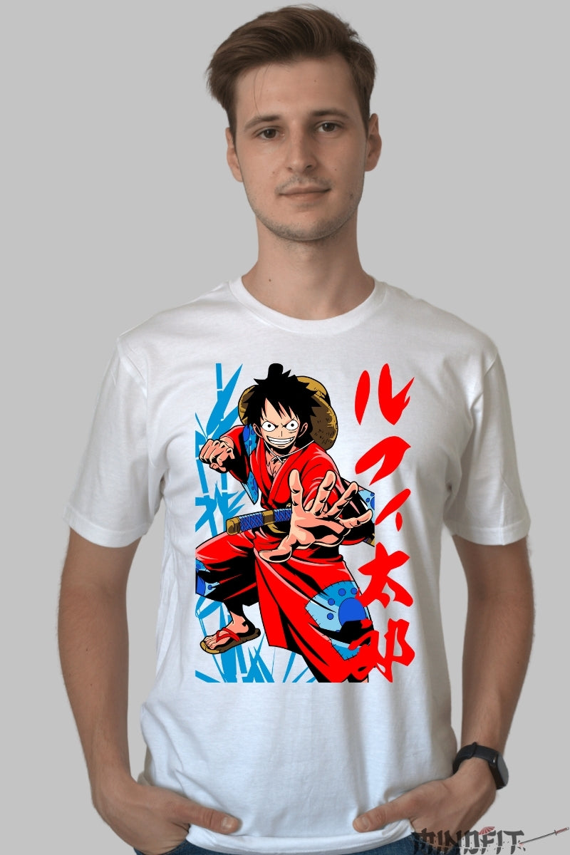 Tricou Anime One Piece - Luffy Samurai Warrior barbat alb