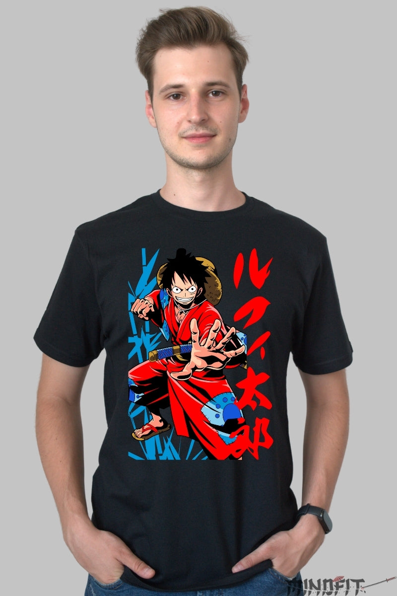 Tricou Anime One Piece - Luffy Samurai Warrior barbat negru