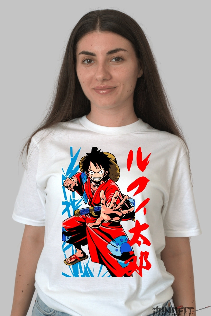 Tricou Anime One Piece - Luffy Samurai Warrior dama alb