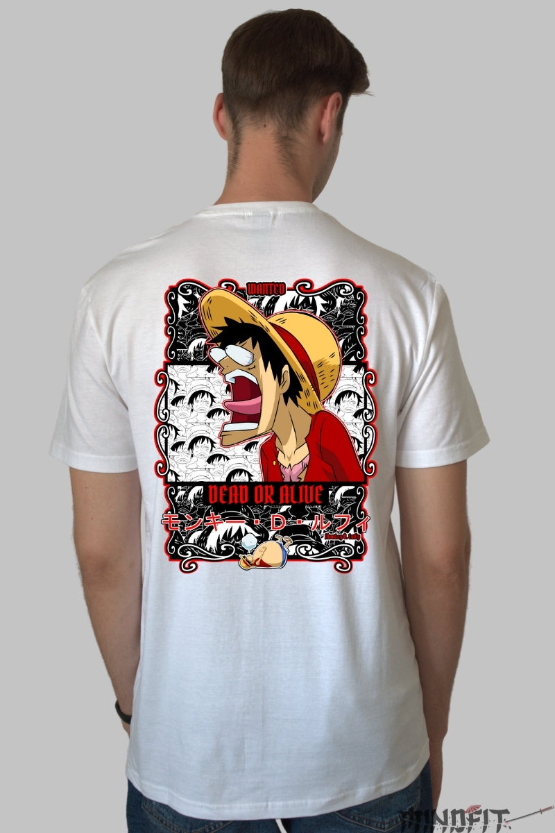 Tricou Anime One Piece - Luffy Wanted Dead or Alive barbat alb