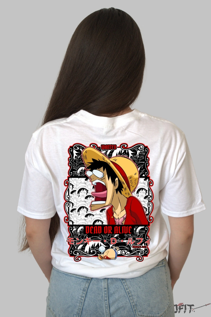 Tricou Anime One Piece - Luffy Wanted Dead or Alive dama alb