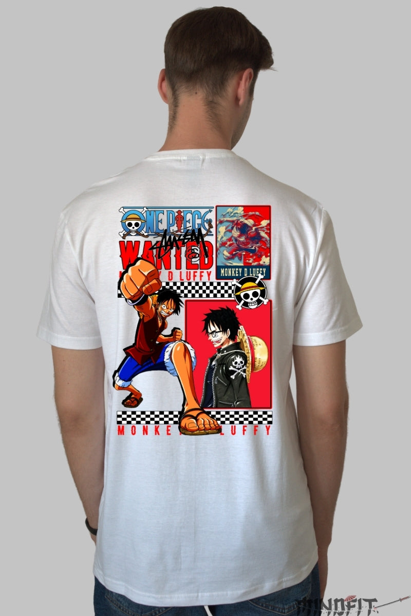 Tricou Anime One Piece - Luffy Wanted Force barbat alb