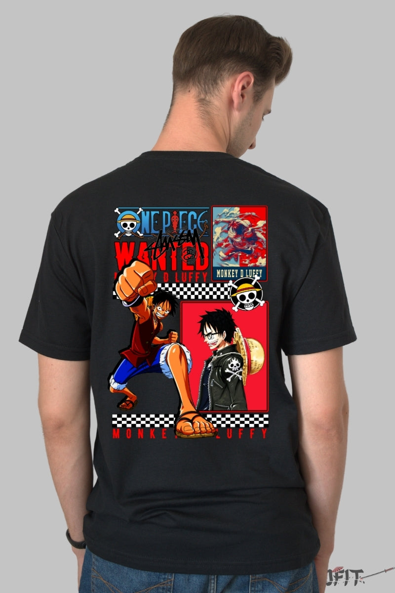 Tricou Anime One Piece - Luffy Wanted Force barbat negru