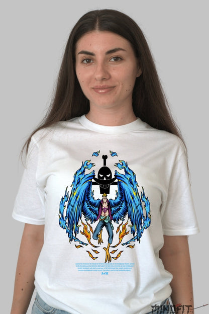 Tricou Anime One Piece - Marco Phoenix Fire Wings dama alb