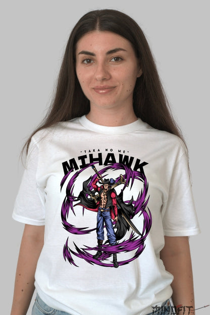 Tricou Anime One Piece - Mihawk Taka no Me dama alb