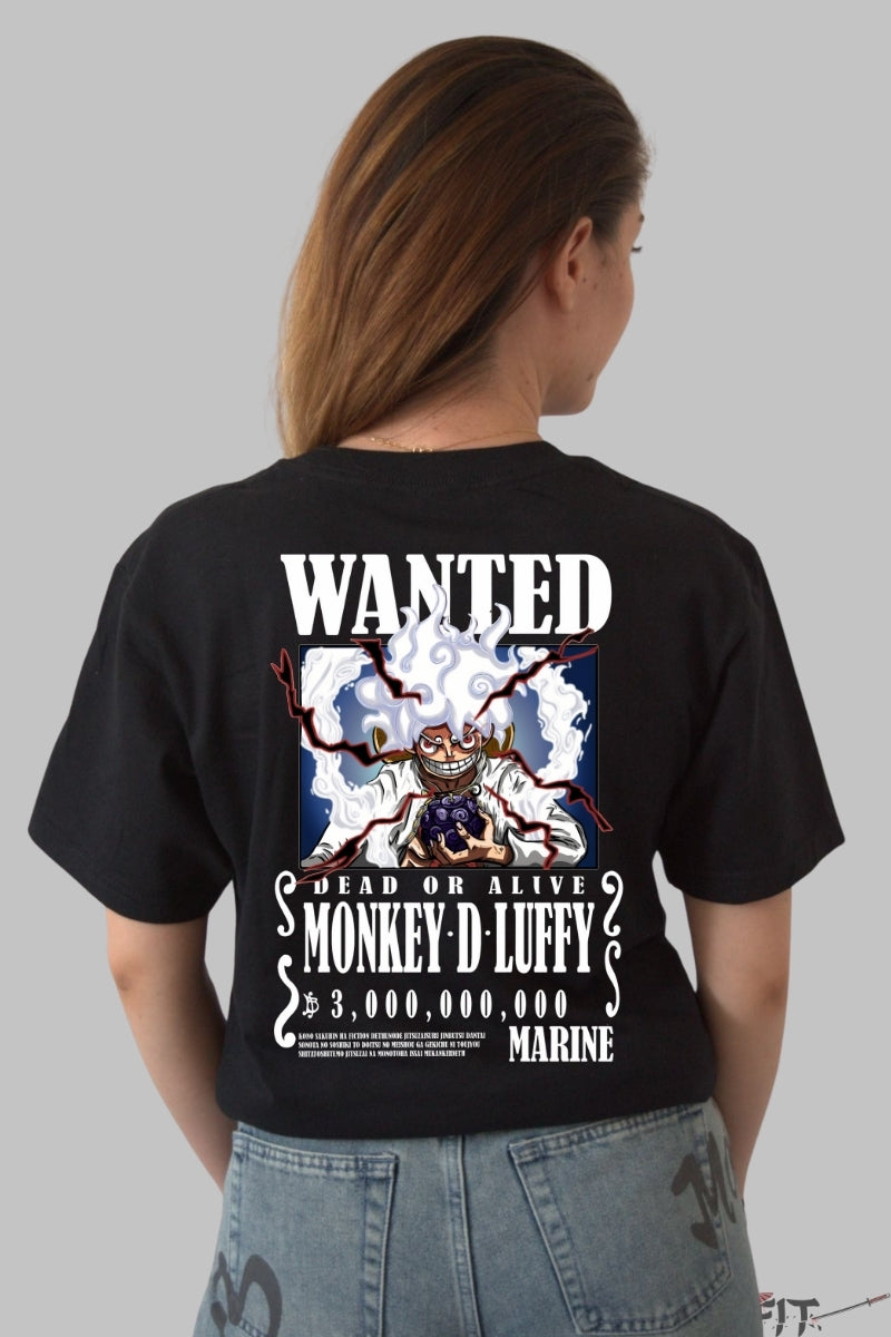 Tricou Anime One Piece - Monkey D. Luffy Gear 5 Wanted dama negru