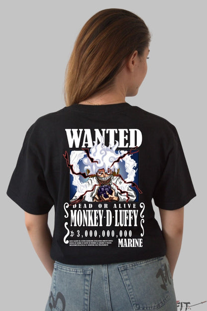 Tricou Anime One Piece - Monkey D. Luffy Gear 5 Wanted dama negru