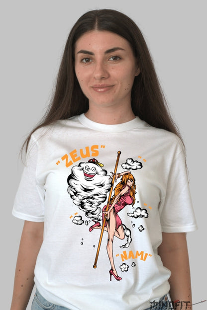 Tricou Anime One Piece - Nami si Zeus in actiune dama alb