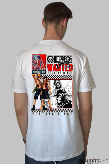 Tricou Anime One Piece - Portgas D. Ace Wanted Edition barbat alb