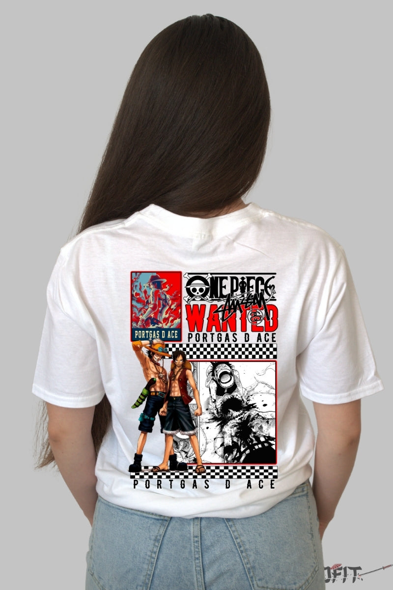 Tricou Anime One Piece - Portgas D. Ace Wanted Edition dama alb