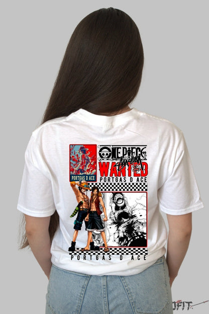 Tricou Anime One Piece - Portgas D. Ace Wanted Edition dama alb