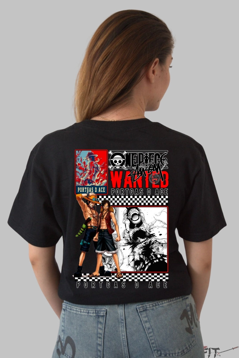 Tricou Anime One Piece - Portgas D. Ace Wanted Edition dama negru