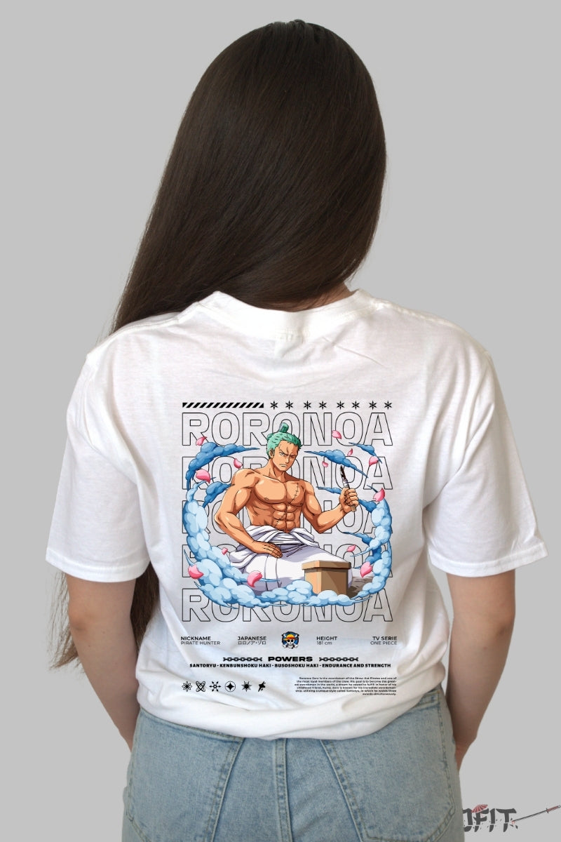 Tricou Anime One Piece - Roronoa Zoro Meditatie Samurai dama alb