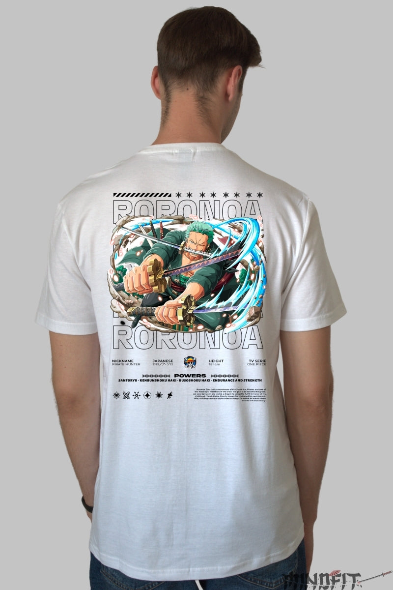 Tricou Anime One Piece - Roronoa Zoro Sabie Tripla in Actiune barbat alb