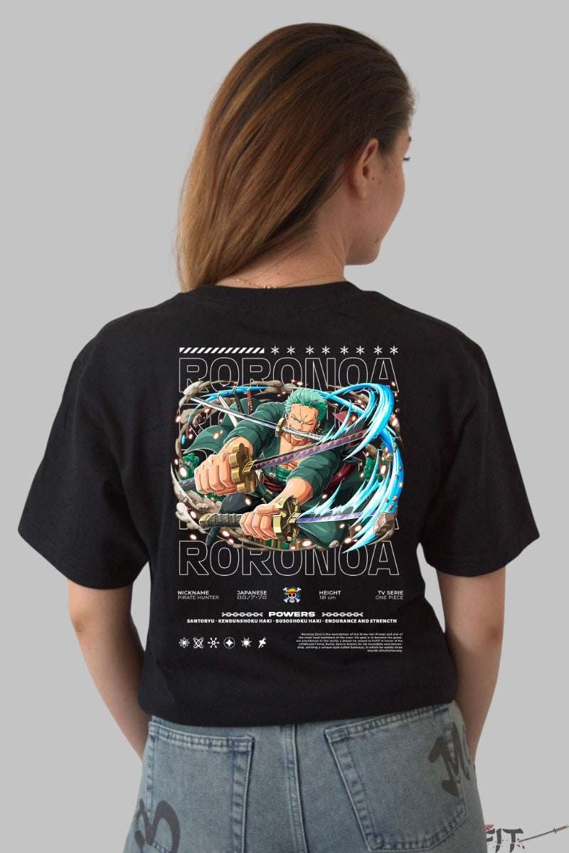 Tricou Anime One Piece - Roronoa Zoro Sabie Tripla in Actiune dama negru