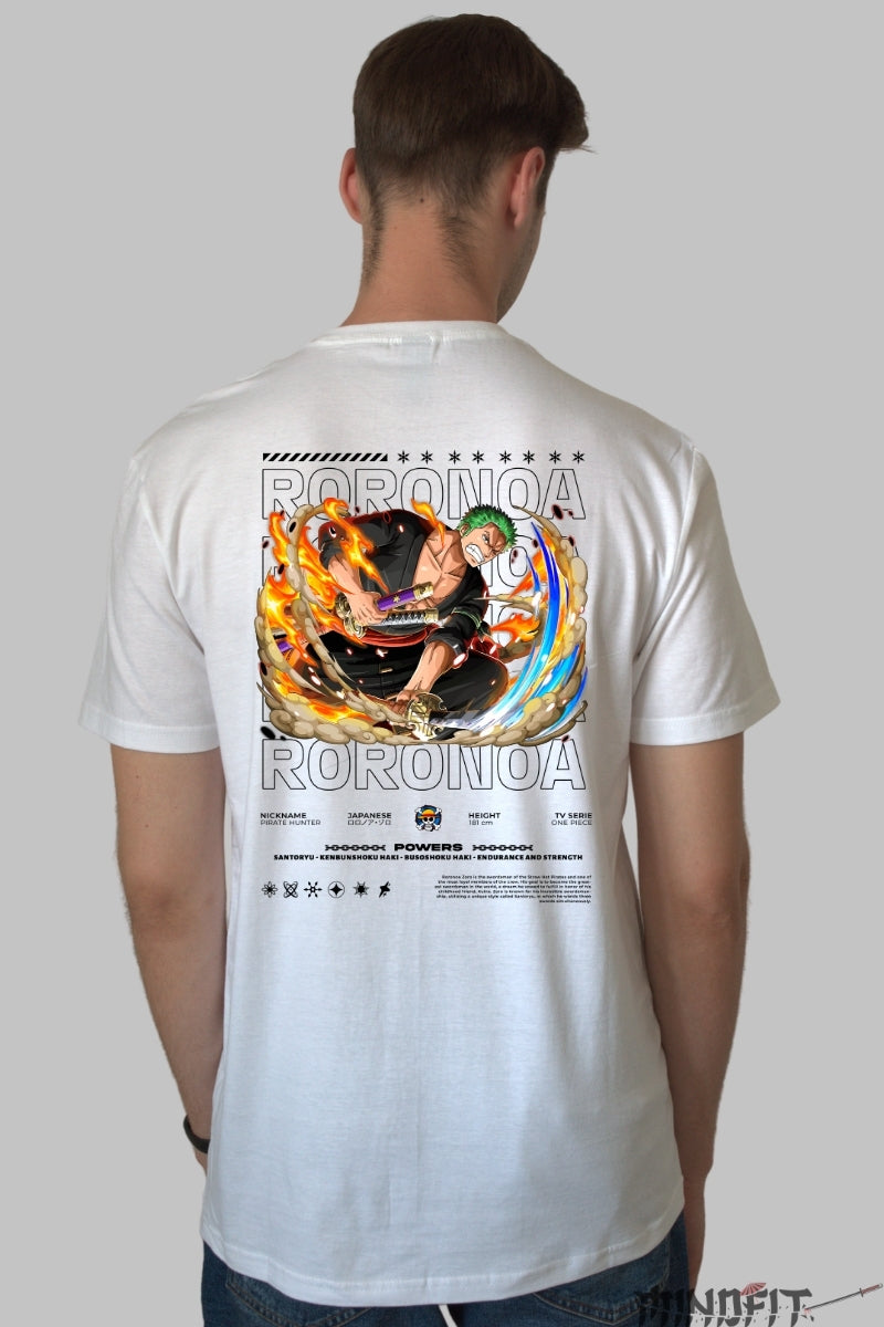 Tricou Anime One Piece - Roronoa Zoro Santoryu Flame Slash barbat alb