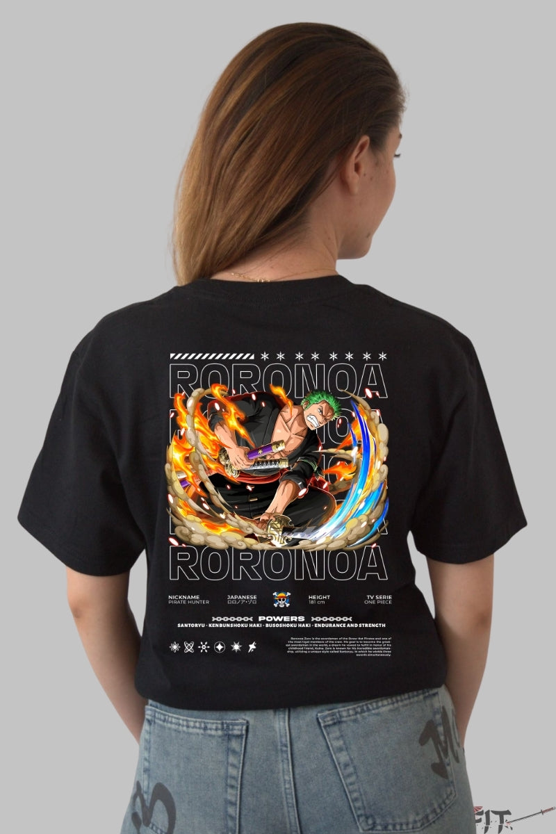 Tricou Anime One Piece - Roronoa Zoro Santoryu Flame Slash dama negru